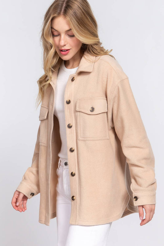 Taupe Notched Collar Front Pocket Fleece Jacket