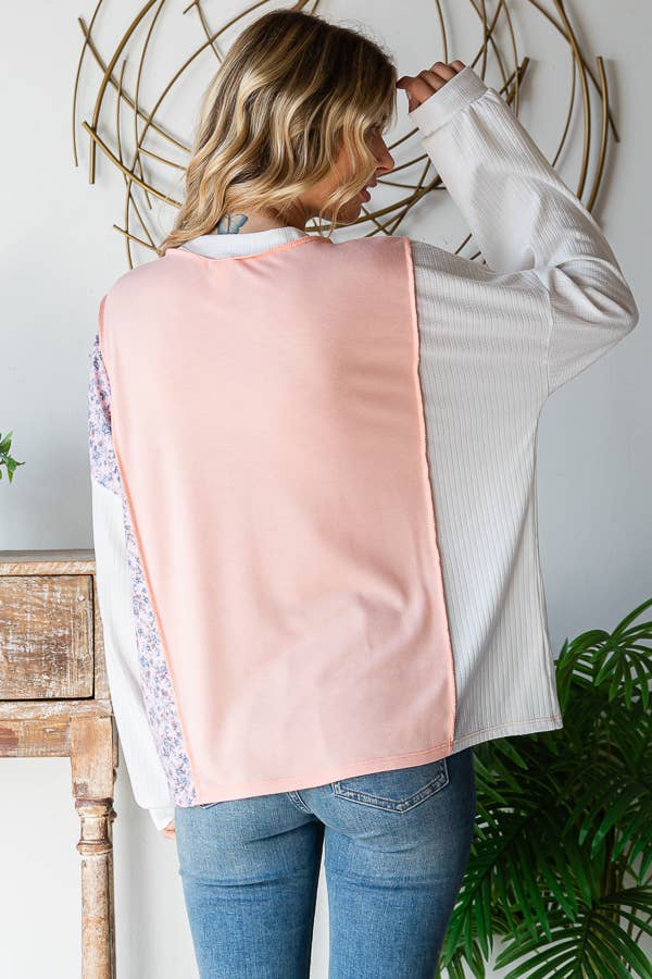 Floral Patchwork Panel Front Pocket V Neck Pullover Top
