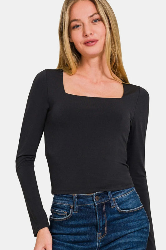 Black Double Layer Square Neck Fitted Knit Crop Top