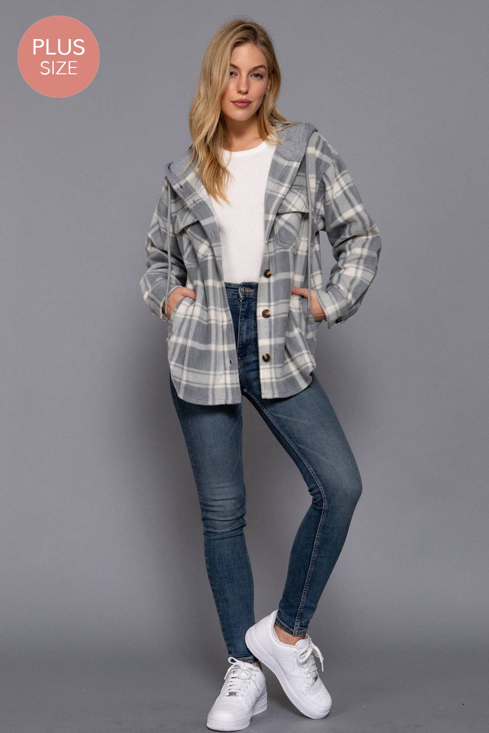 Gray Plaid Button Down with Hoodie Fleece Jacket (Plus)