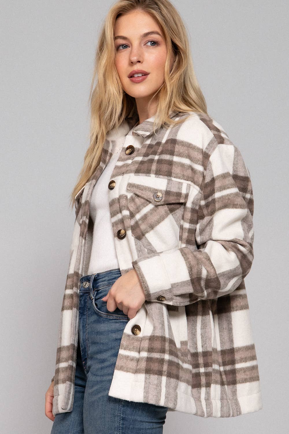 Taupe Inside Faux Fur Brushed Plaid Jacket