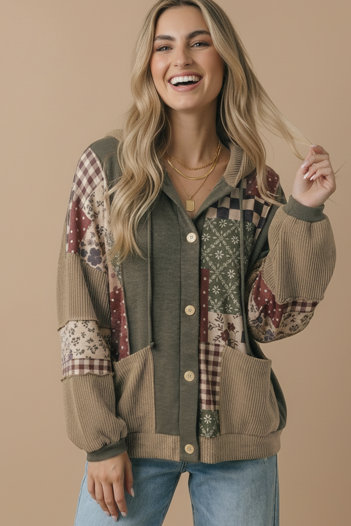Button Down Color Block Patchwork Print Hoodie