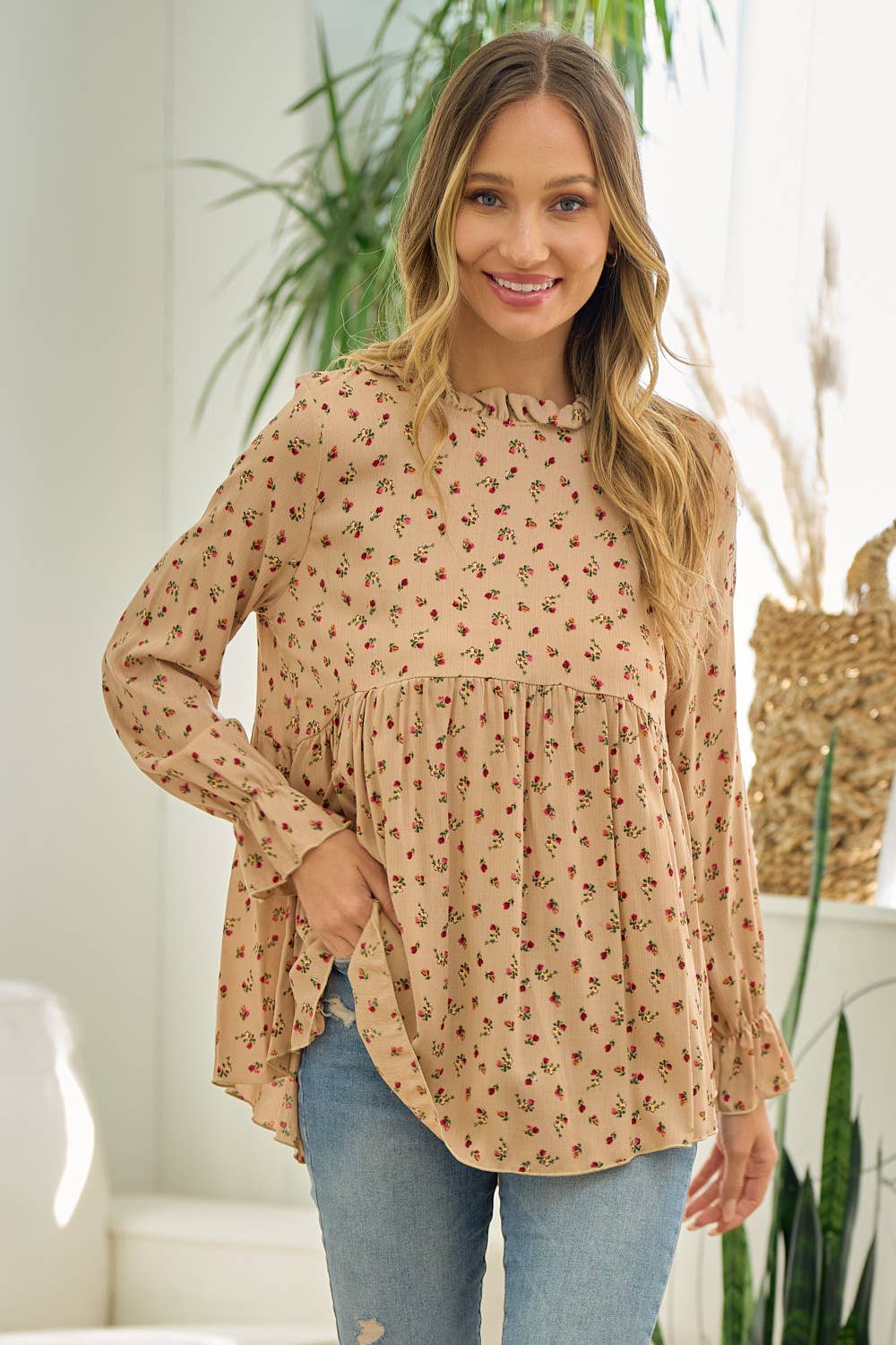 Rust Floral Mock Neck Blouse