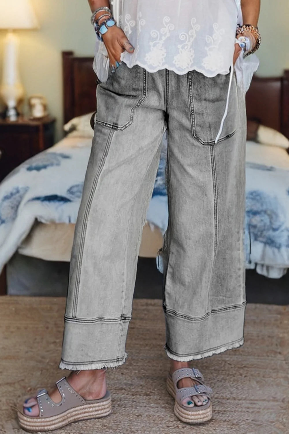 Gray Seam Detail Raw Hem Pants
