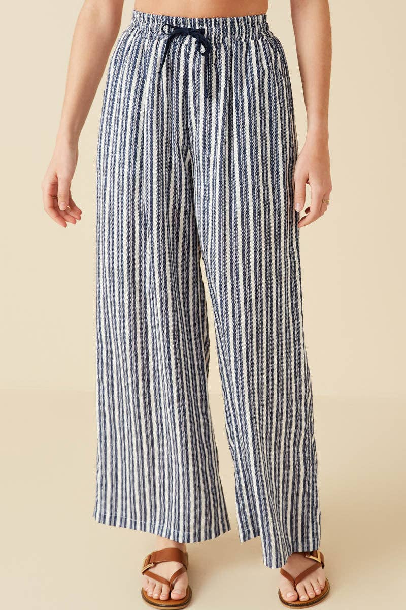 Navy Textured Stripe Drawstring Wide Leg Pants