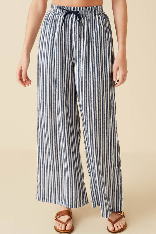 Navy Textured Stripe Drawstring Wide Leg Pants