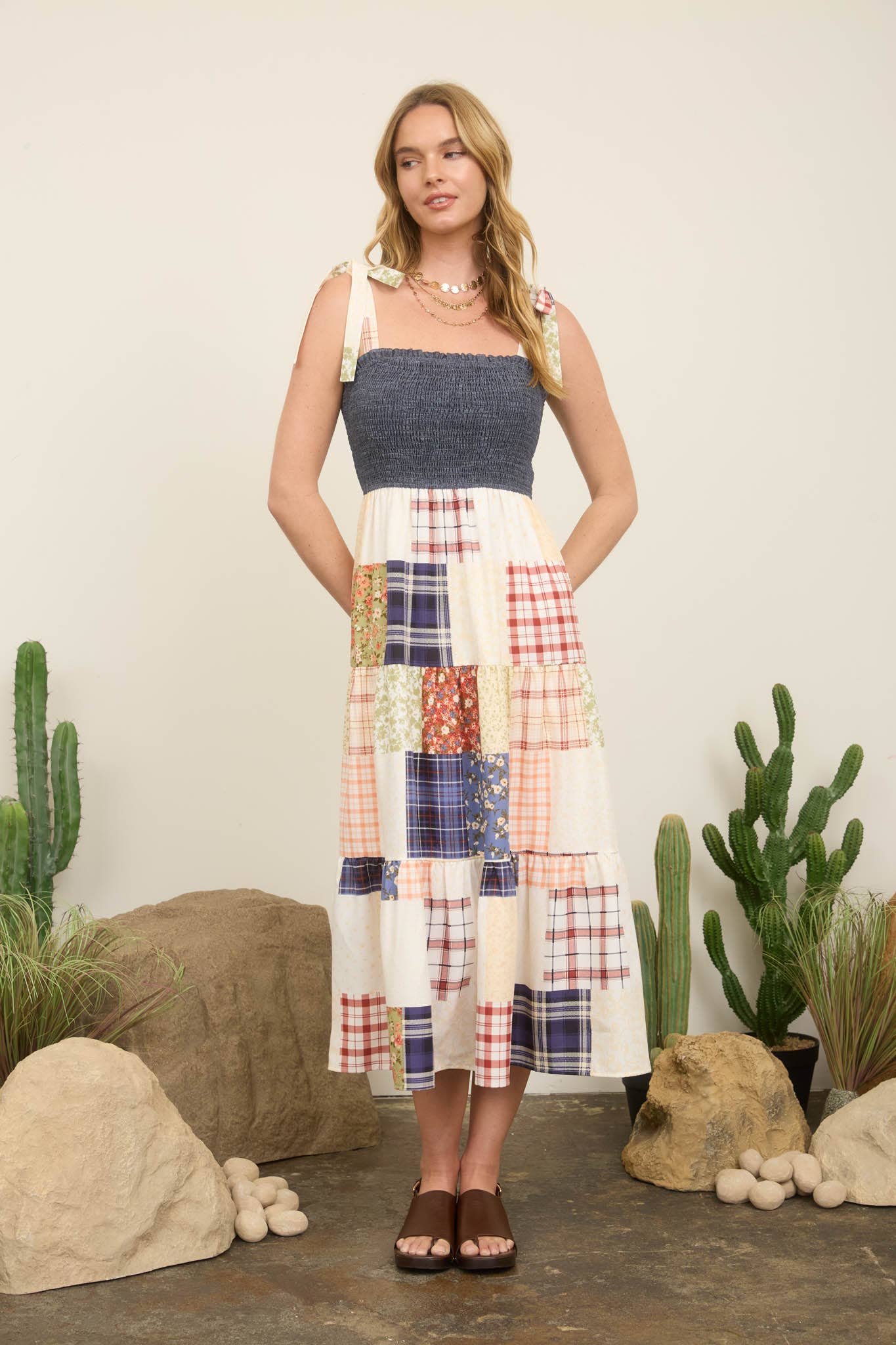 Smocked Denim Patchwork Tiered Maxi Dress