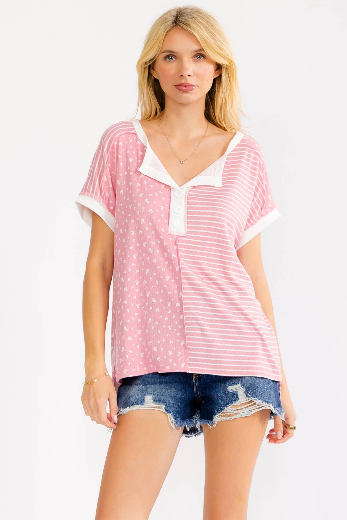 Plus Floral Mixed Print Henley Top
