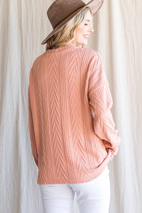 Rose Casual Drop Shoulder Cable Knit Top