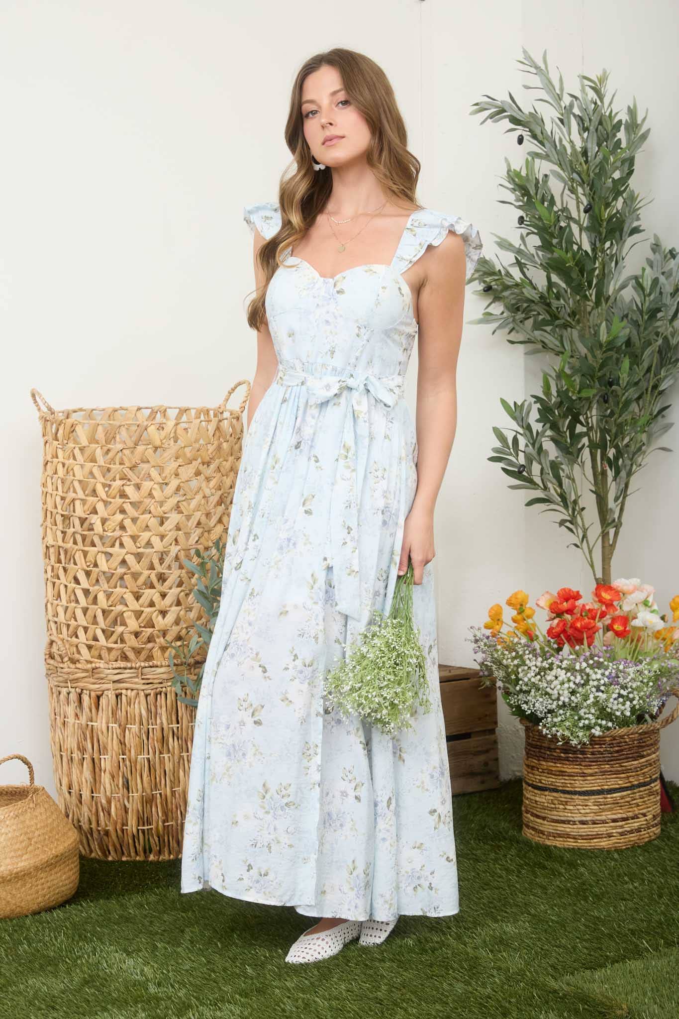 Floral Waist-Tie Side Slit Corset Maxi Dress