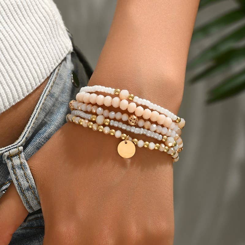 Multilayer Beaded Chain Disc Charm Bracelet