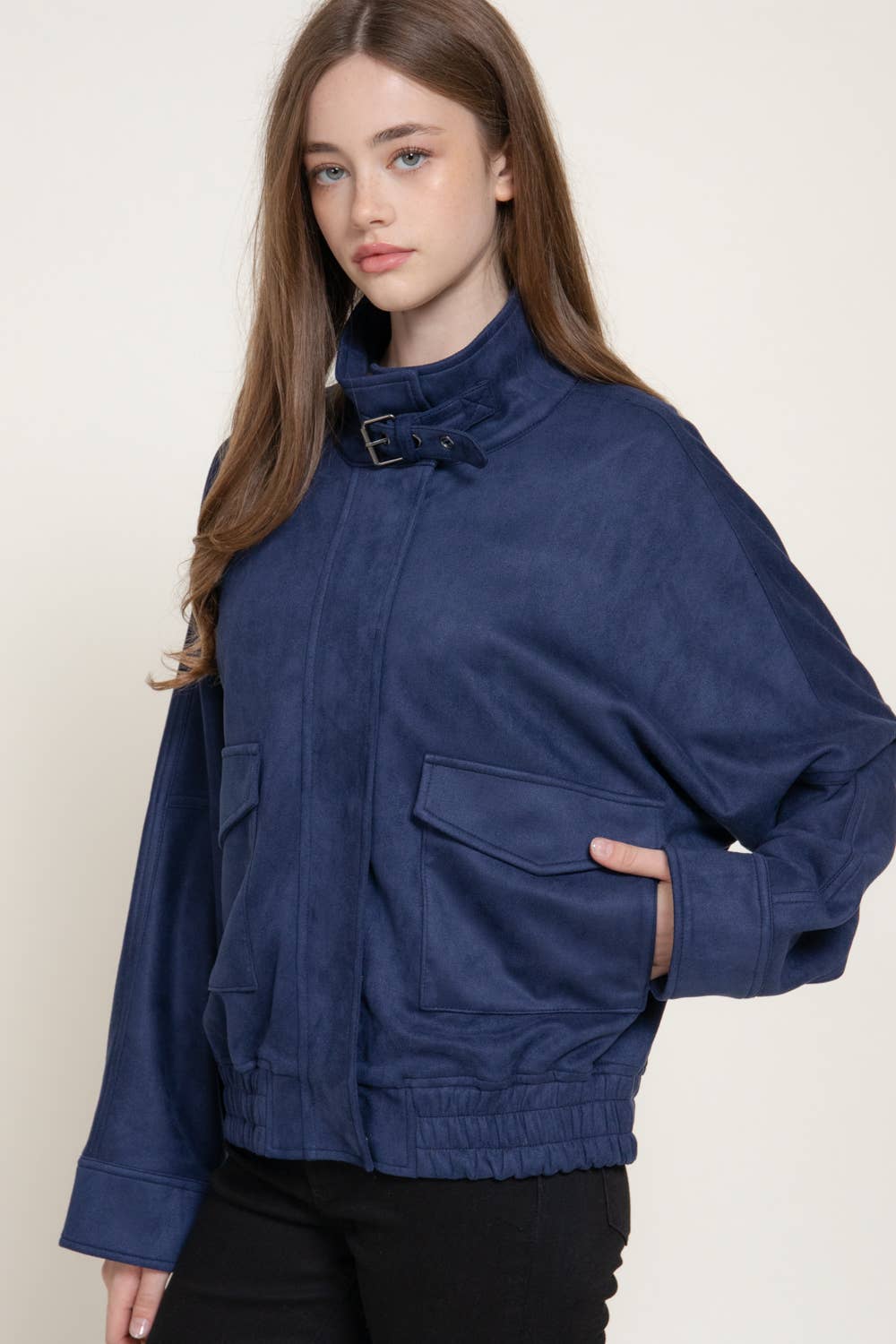 High Neck with Tab Front Patch Pocket Faux Suede Jacket