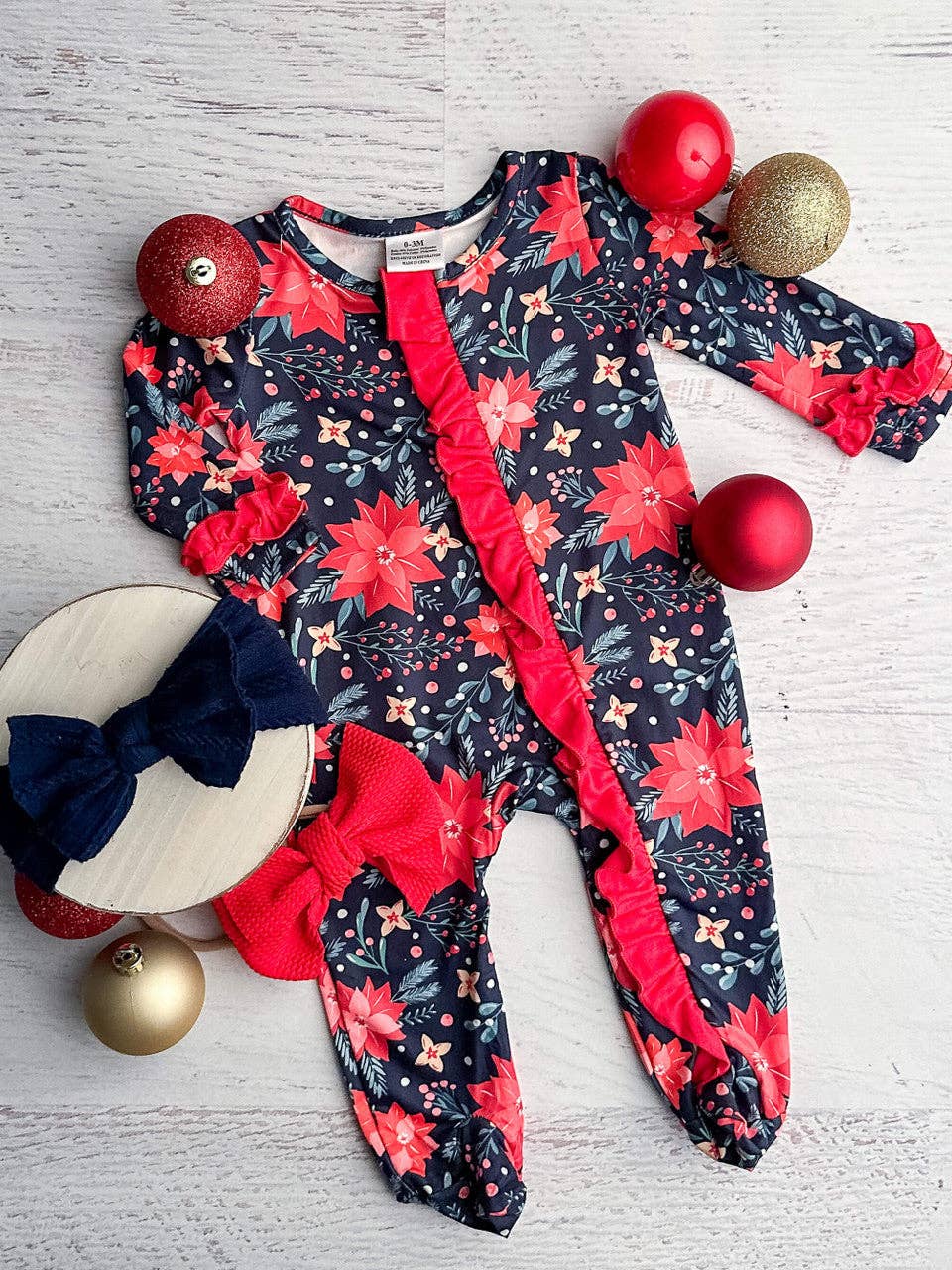 Festive Poinsettia Ruffled Footed Romper