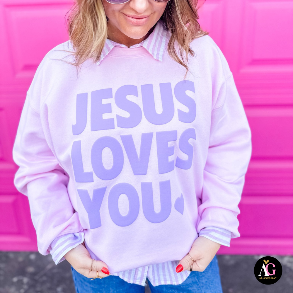 Jesus Loves You Puff Ink Pink Crew