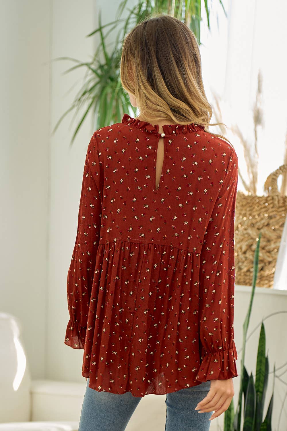 Rust Floral Mock Neck Blouse