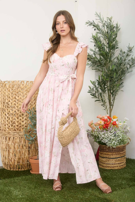 Floral Waist-Tie Side Slit Corset Maxi Dress
