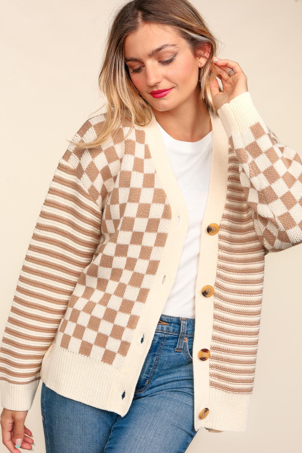 Button Down Checker Stripe Cardigan