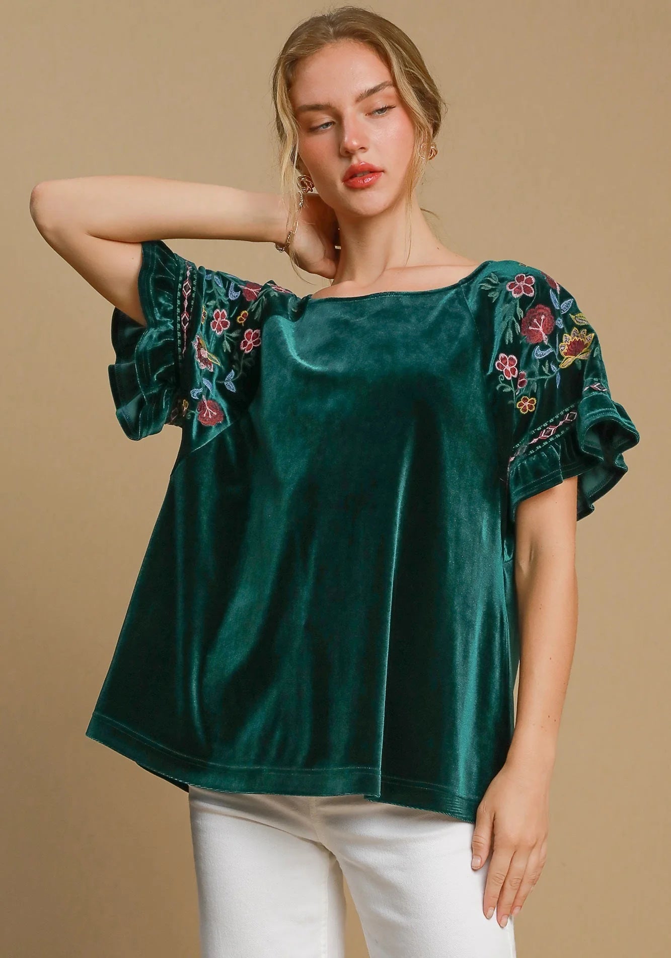 Hunter Green Velvet Sleeve Embroidered Top
