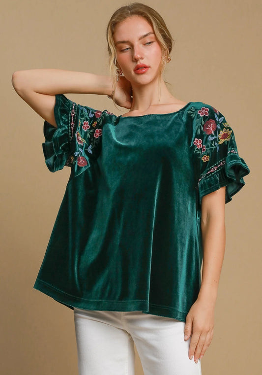 Hunter Green Velvet Sleeve Embroidered Top
