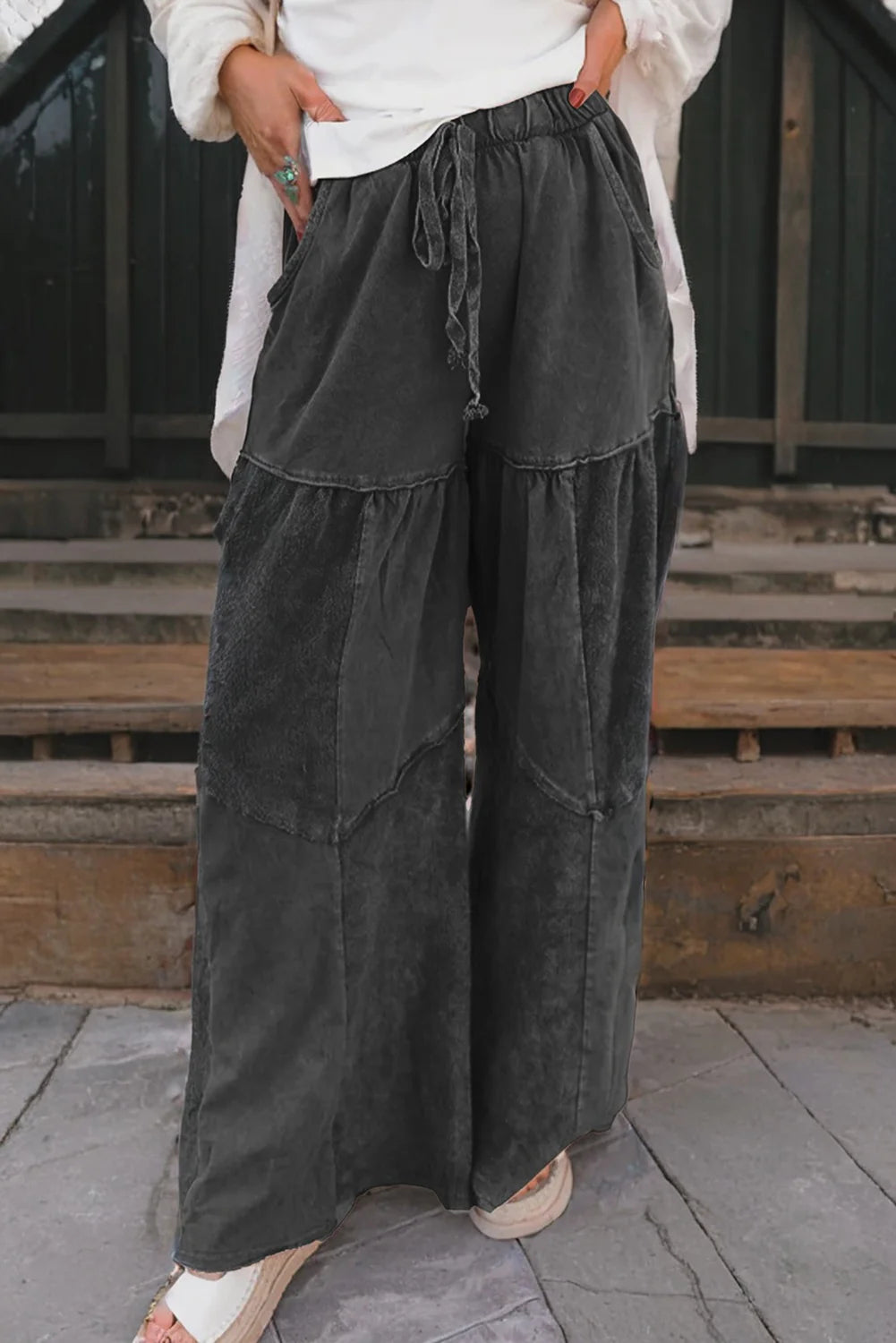Black Drawstring Mineral Wash Vintage Pants