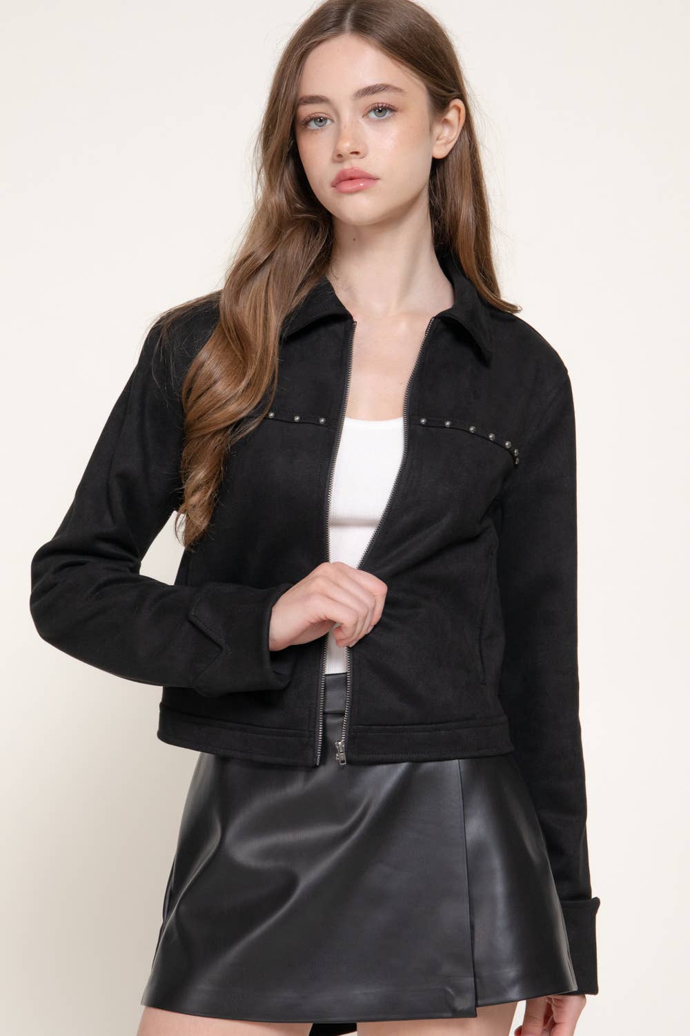 Long Sleeve Faux Suede Jacket with Stud Detail