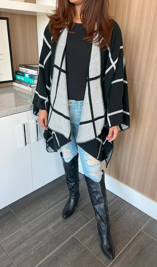 Black Plaid Kimono Two-Toned Reversible Winter Shawl