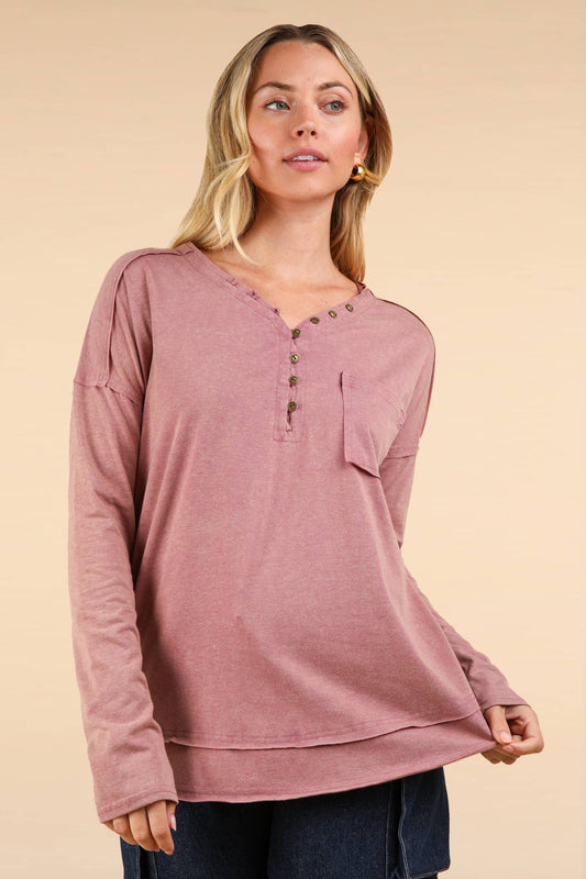 Mineral Washed Cotton Comfy Knit Top, Mauve