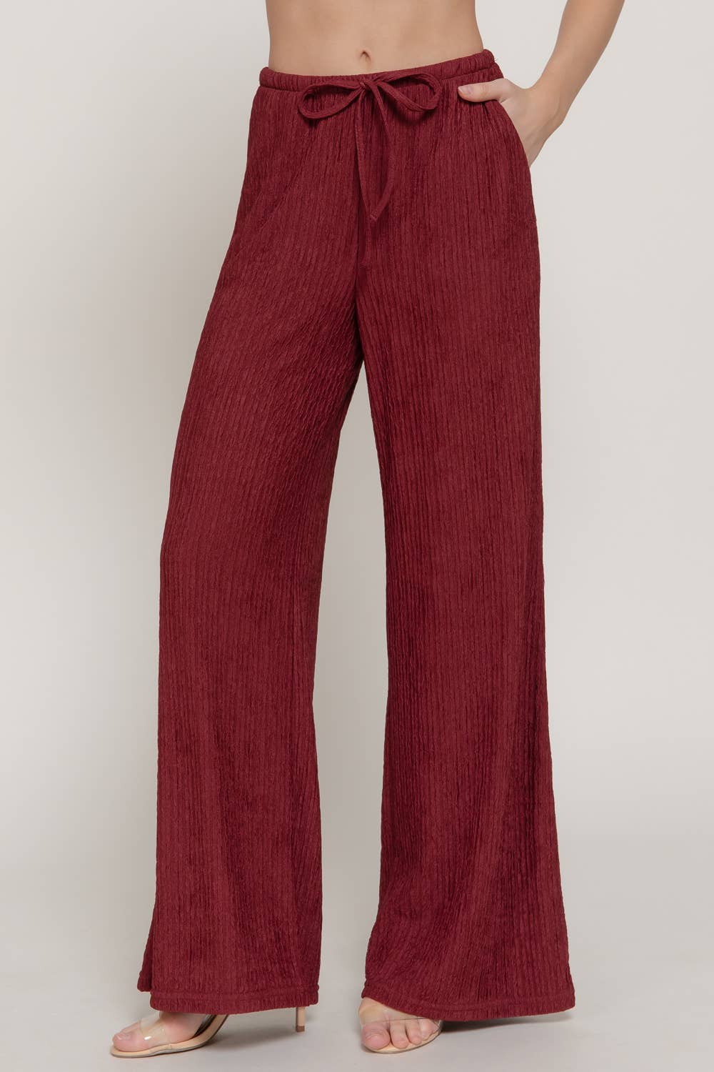 Wine Crinkle Knit Long Pants