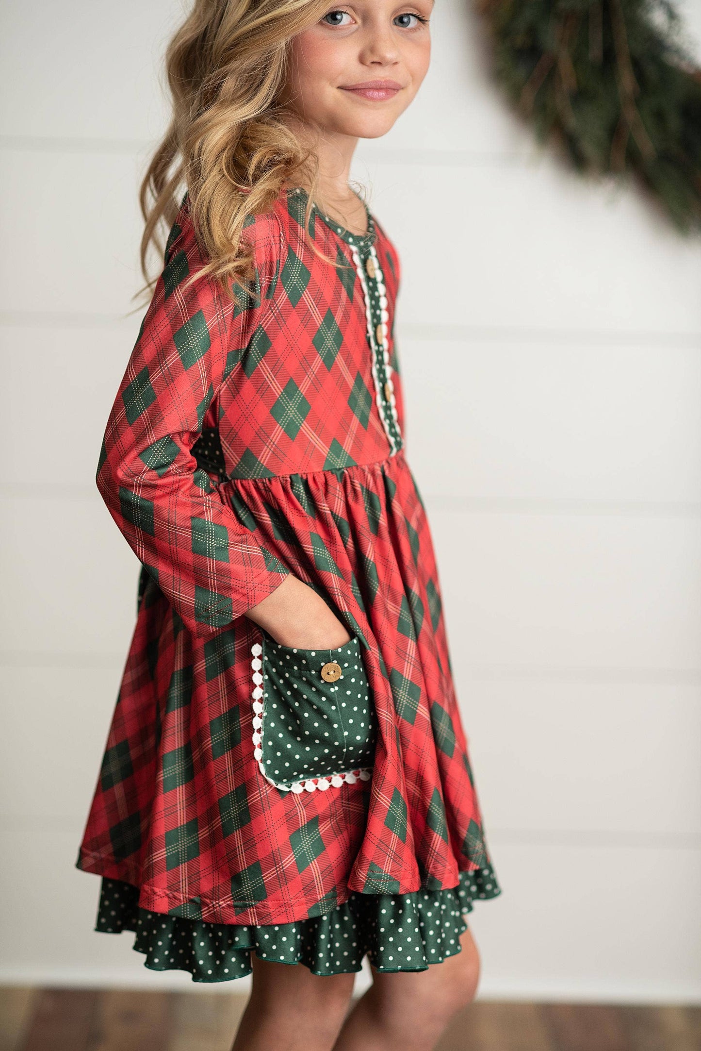 Kids Red Green Plaid Ruffle Button Holiday Christmas Dress