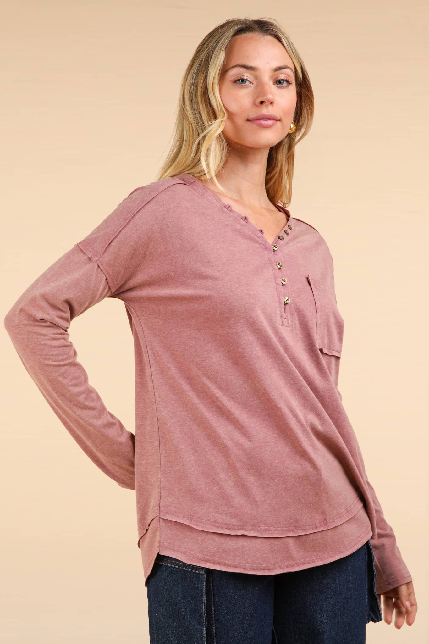 Mineral Washed Cotton Comfy Knit Top, Mauve