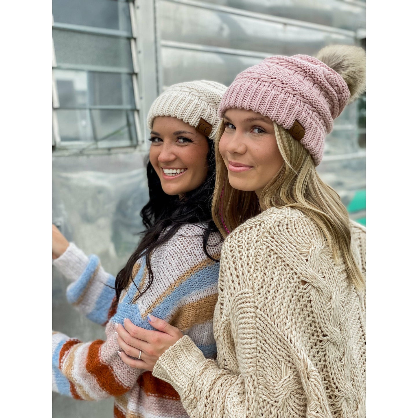 Whipstitch Knit Faux Fur Pom Beanie (2 Colors)