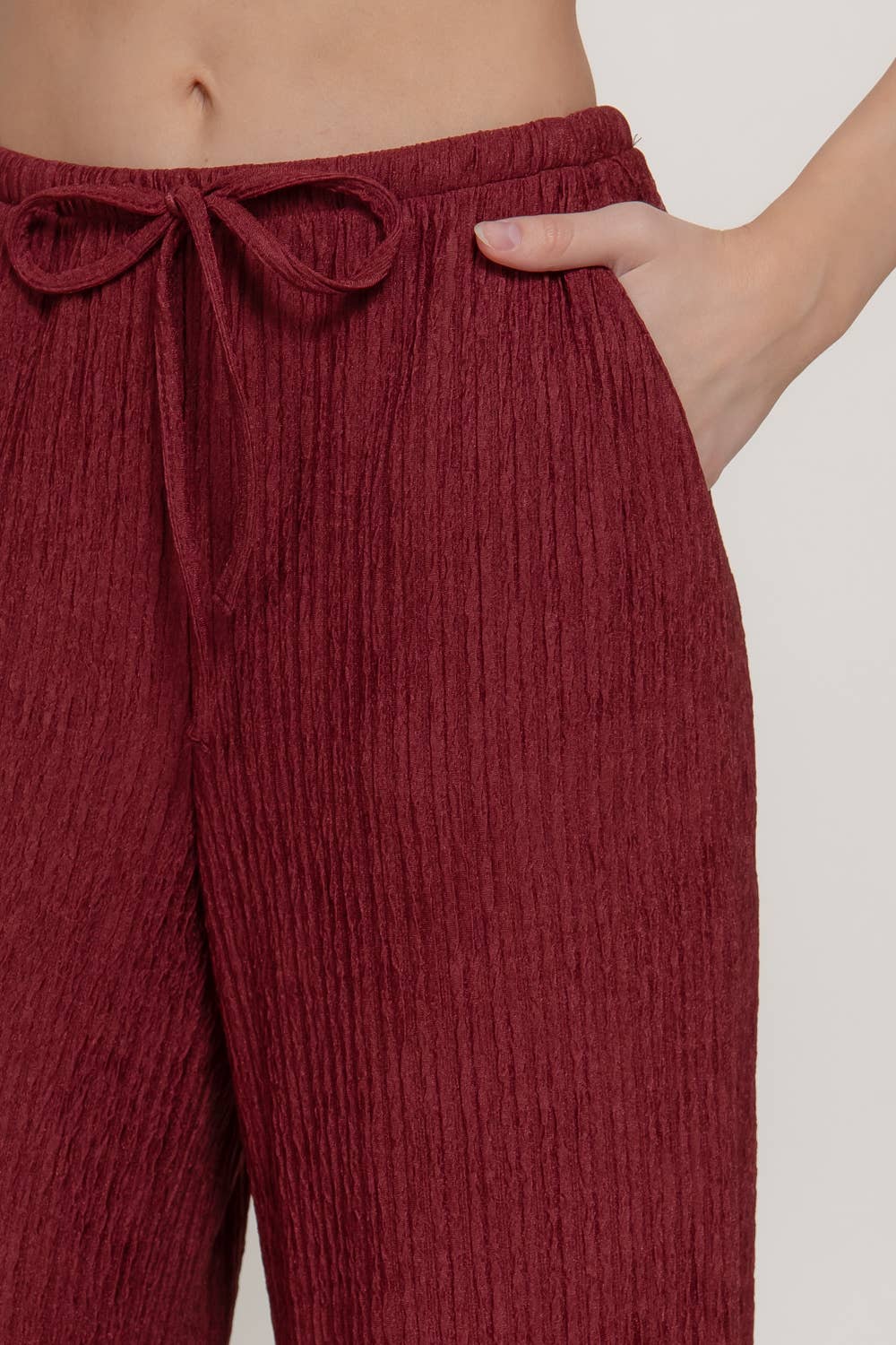 Wine Crinkle Knit Long Pants