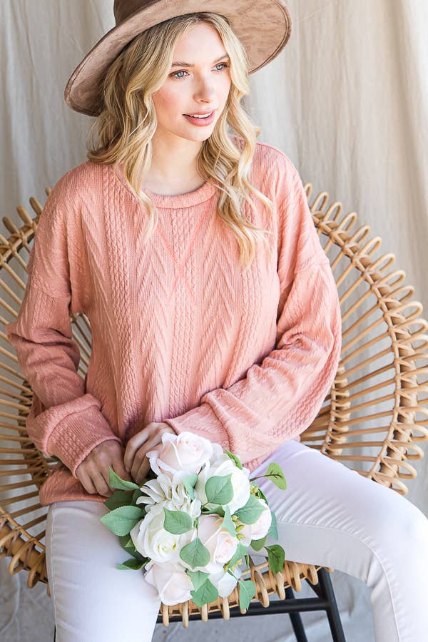 Rose Casual Drop Shoulder Cable Knit Top