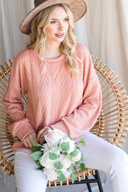 Rose Casual Drop Shoulder Cable Knit Top