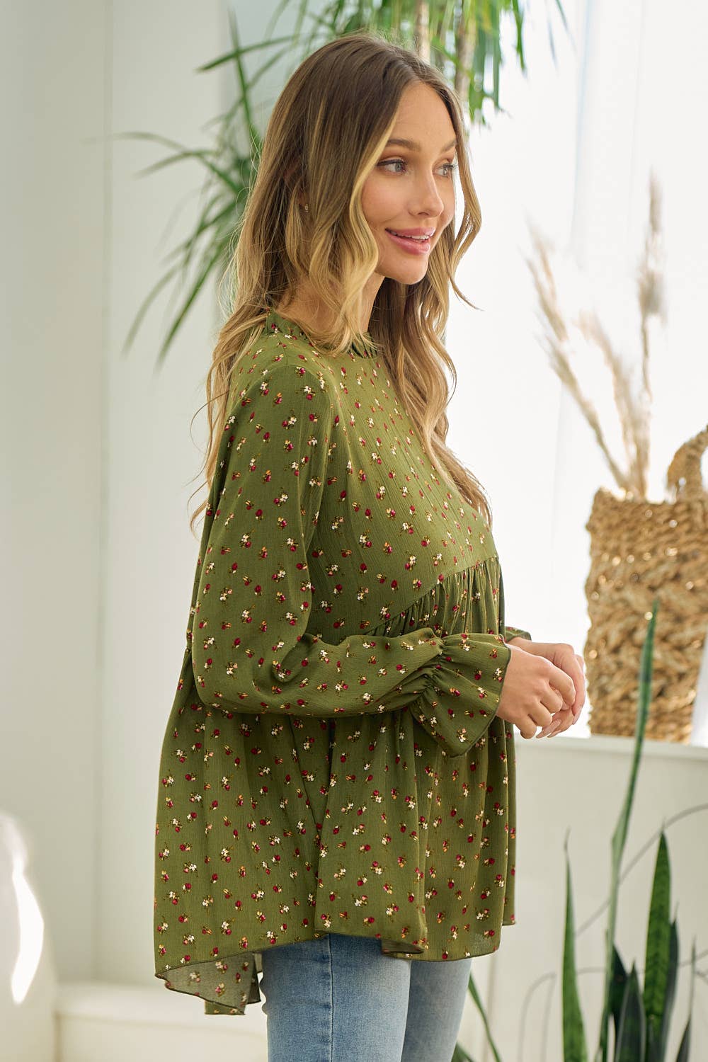 Rust Floral Mock Neck Blouse