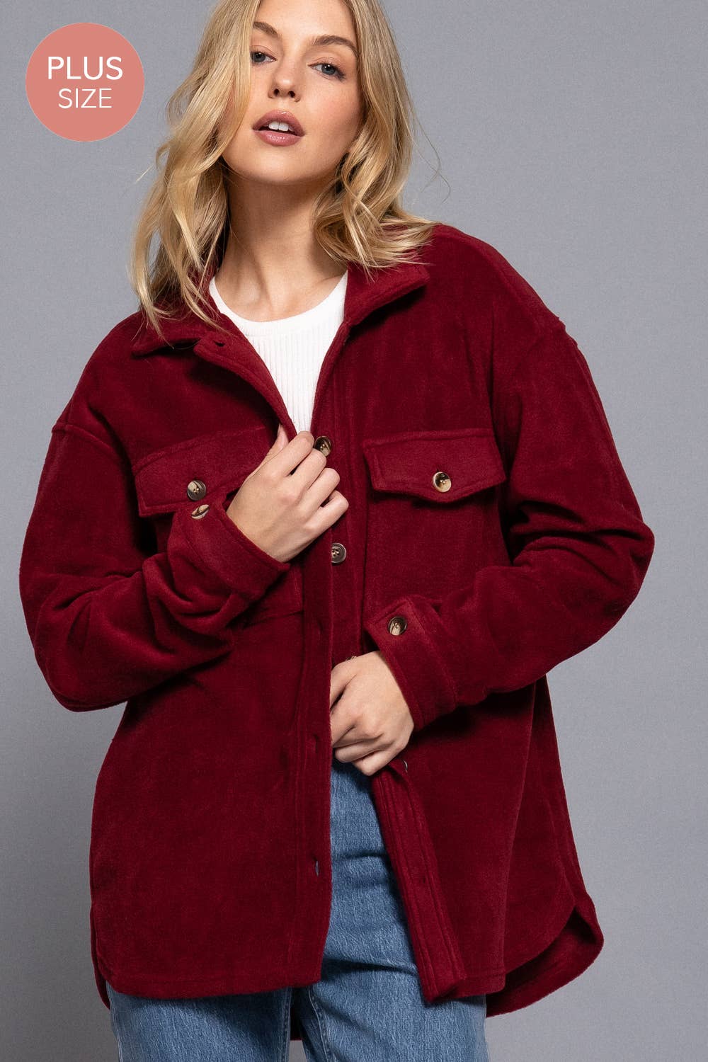 Wine Notched Collar Front Pocket Fleece Jacket (Plus)