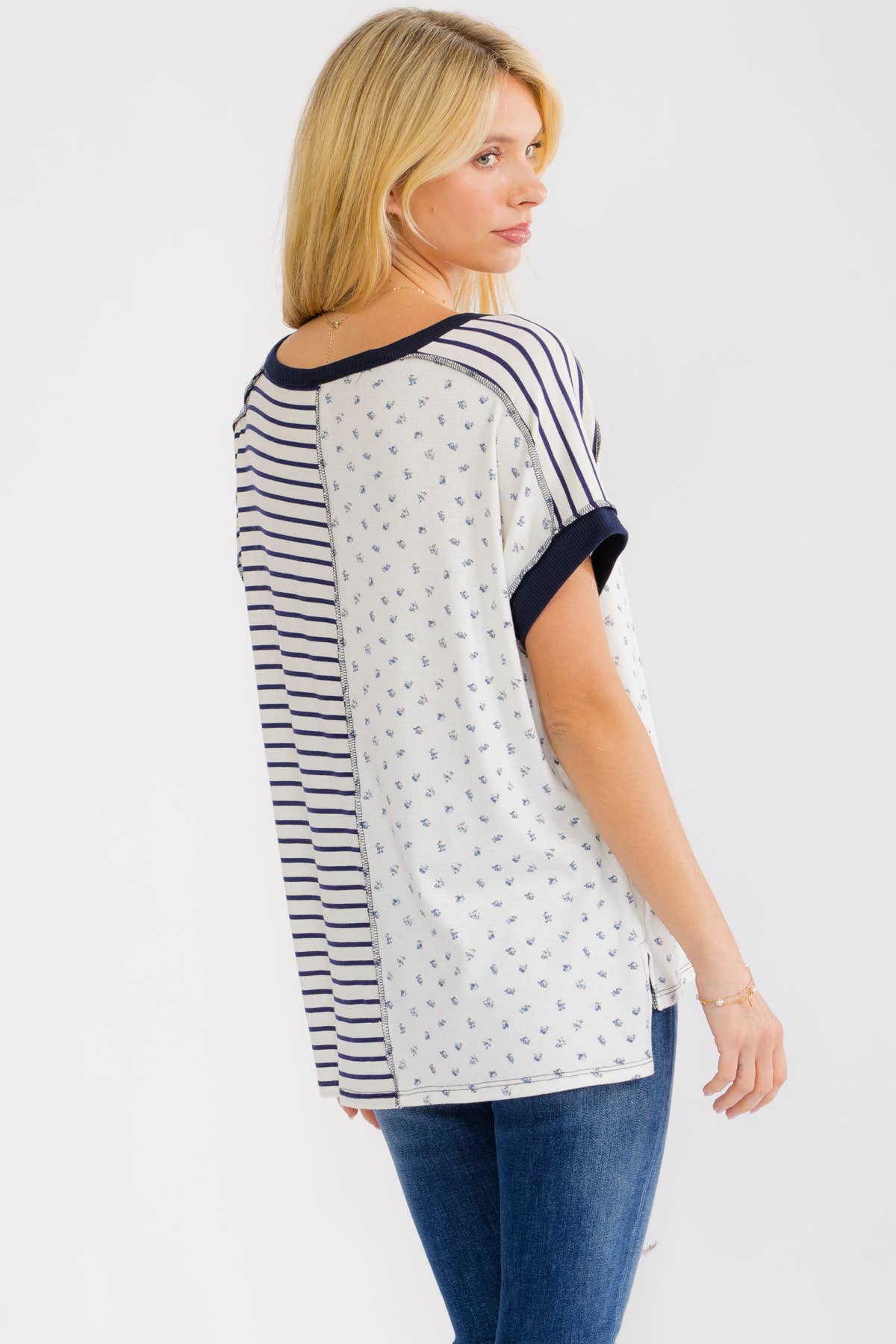 Mixed Print Contrast Henley Top