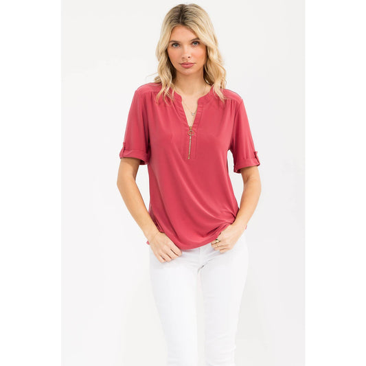 Berry Half Zip Roll Tab Shirt