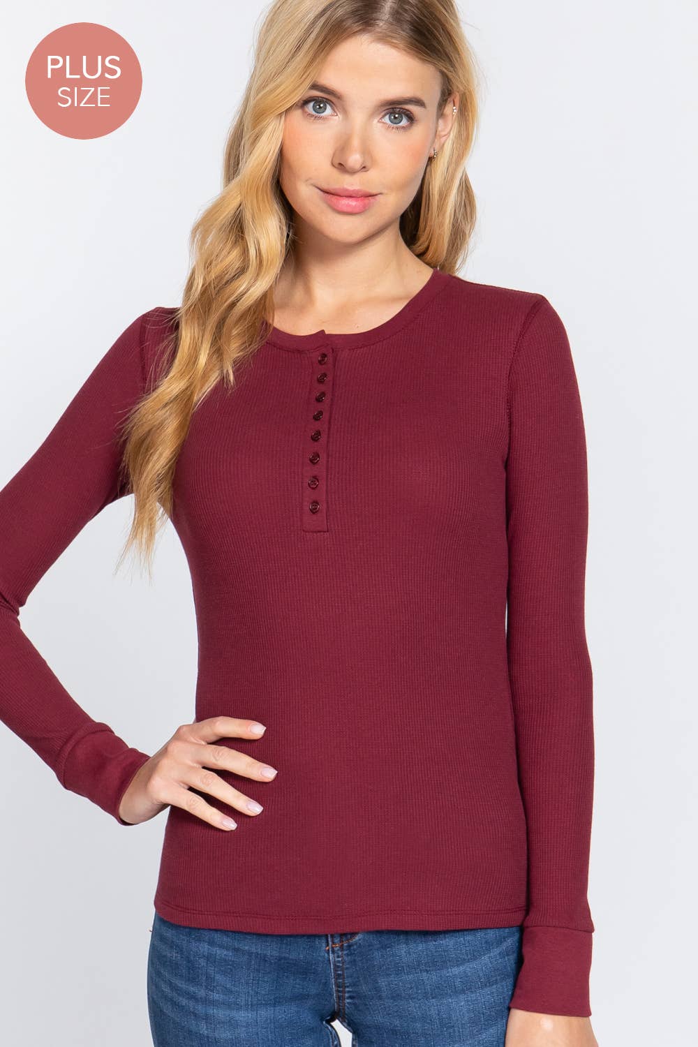 [PLUS SIZE] Long Sleeve Henley Thermal Knit Top