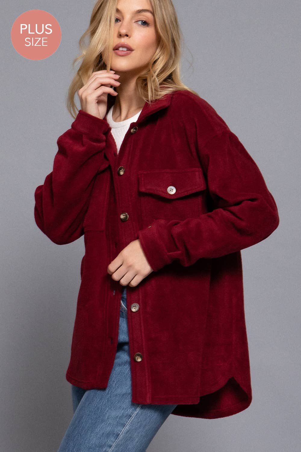 Wine Notched Collar Front Pocket Fleece Jacket (Plus)