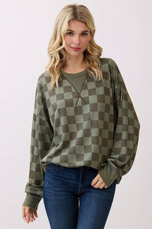 Olive Checkered Print Pullover Top