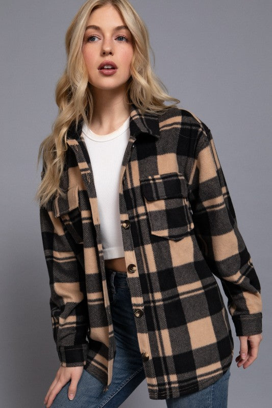 Checkered Fleece Shacket--Taupe