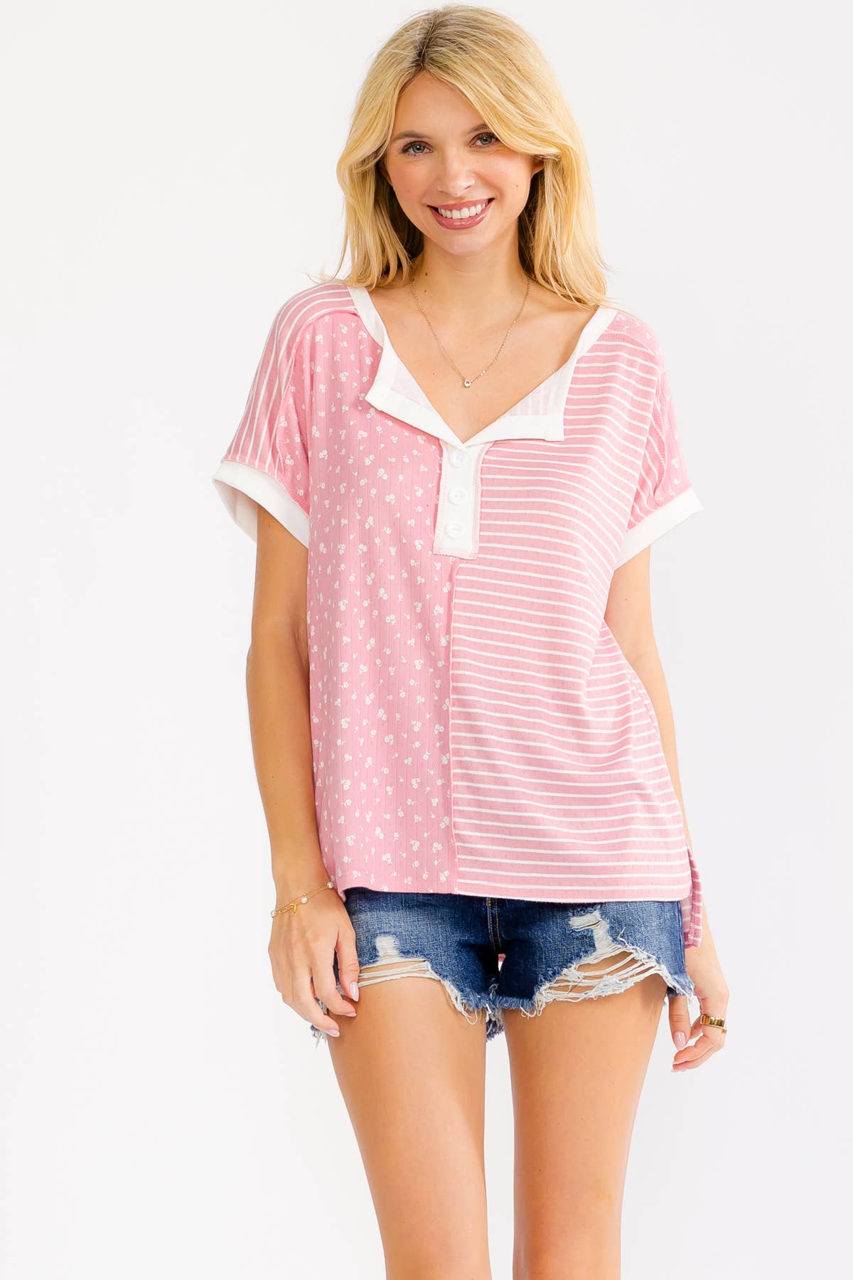 Plus Floral Mixed Print Henley Top