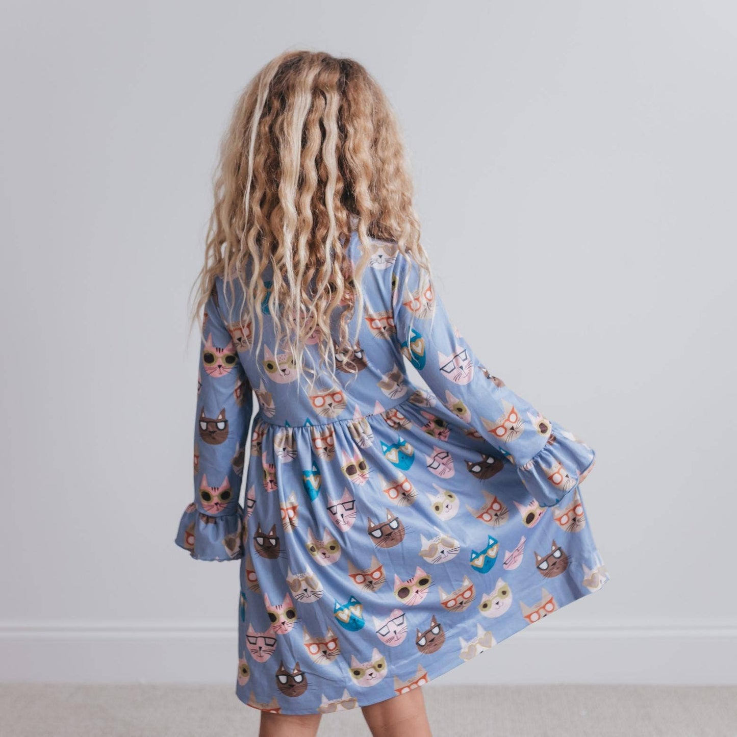 Kids Claire Periwinkle Cool Cat Print Twirl Fall Dress