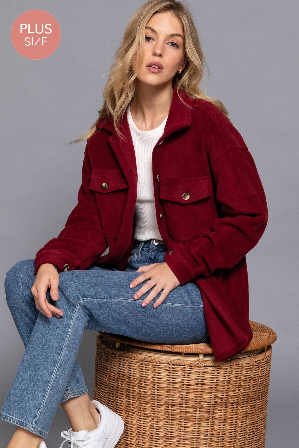 Wine Notched Collar Front Pocket Fleece Jacket (Plus)