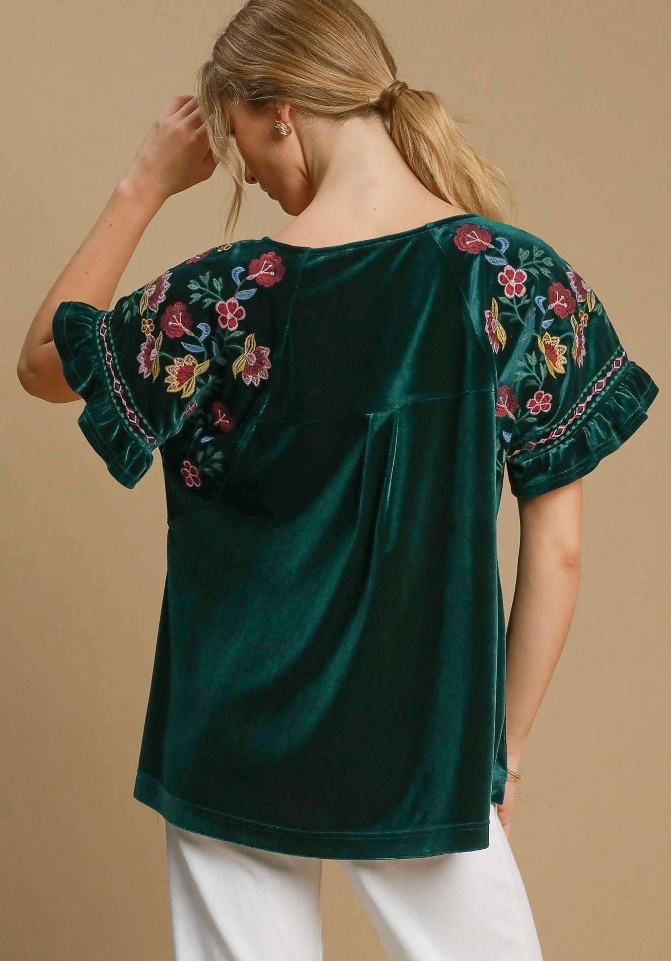 Hunter Green Velvet Sleeve Embroidered Top