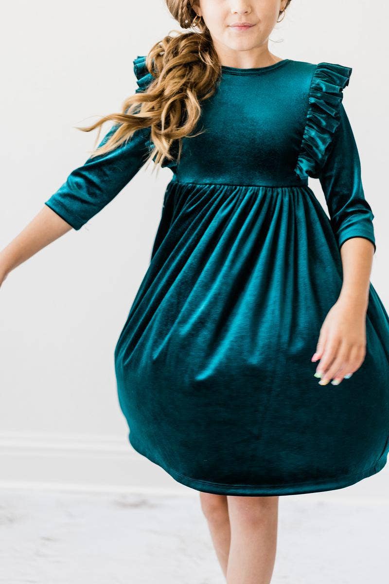 Teal Velvet Ruffle Twirl Dress