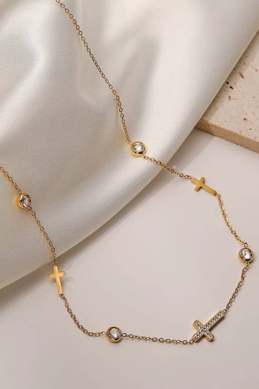 Rhinestone Cross and Circular Charm Station Necklace