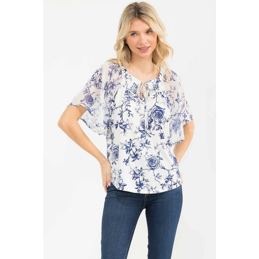 Navy Floral Mixed Media Floral Peasant Top
