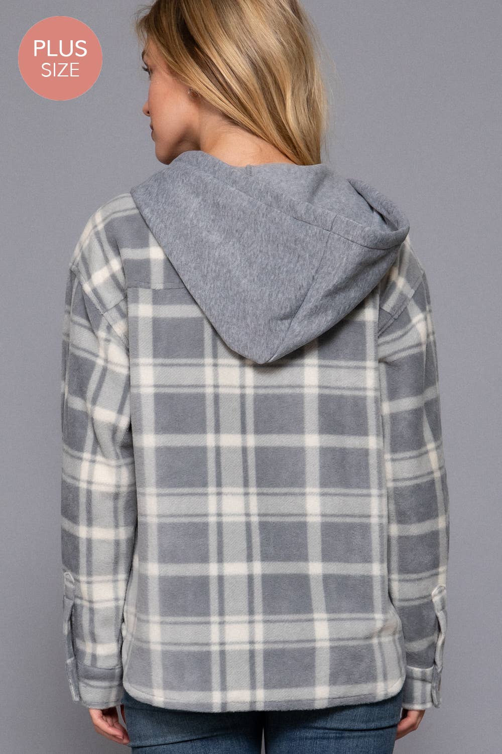 Gray Plaid Button Down with Hoodie Fleece Jacket (Plus)